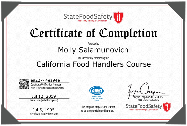 Food Handler Certification – Molly Salamunovich
